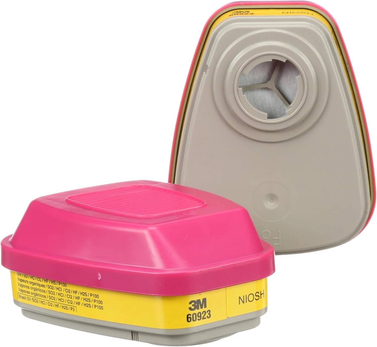 Two 3M NIOSH approved respirator cartridges, one with a pink filter and yellow body and the other with a white body and no filter cartridge visible