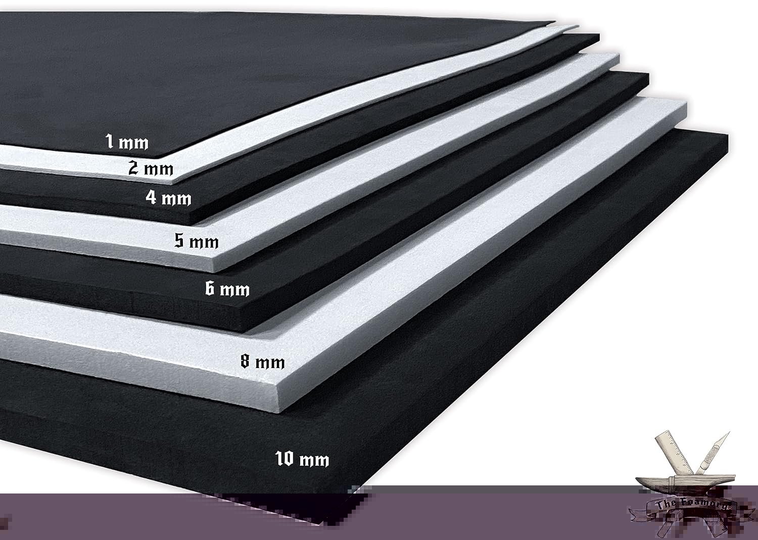 Stacked foam sheets of varying thicknesses, labeled from 1mm to 10mm, placed on a white background.