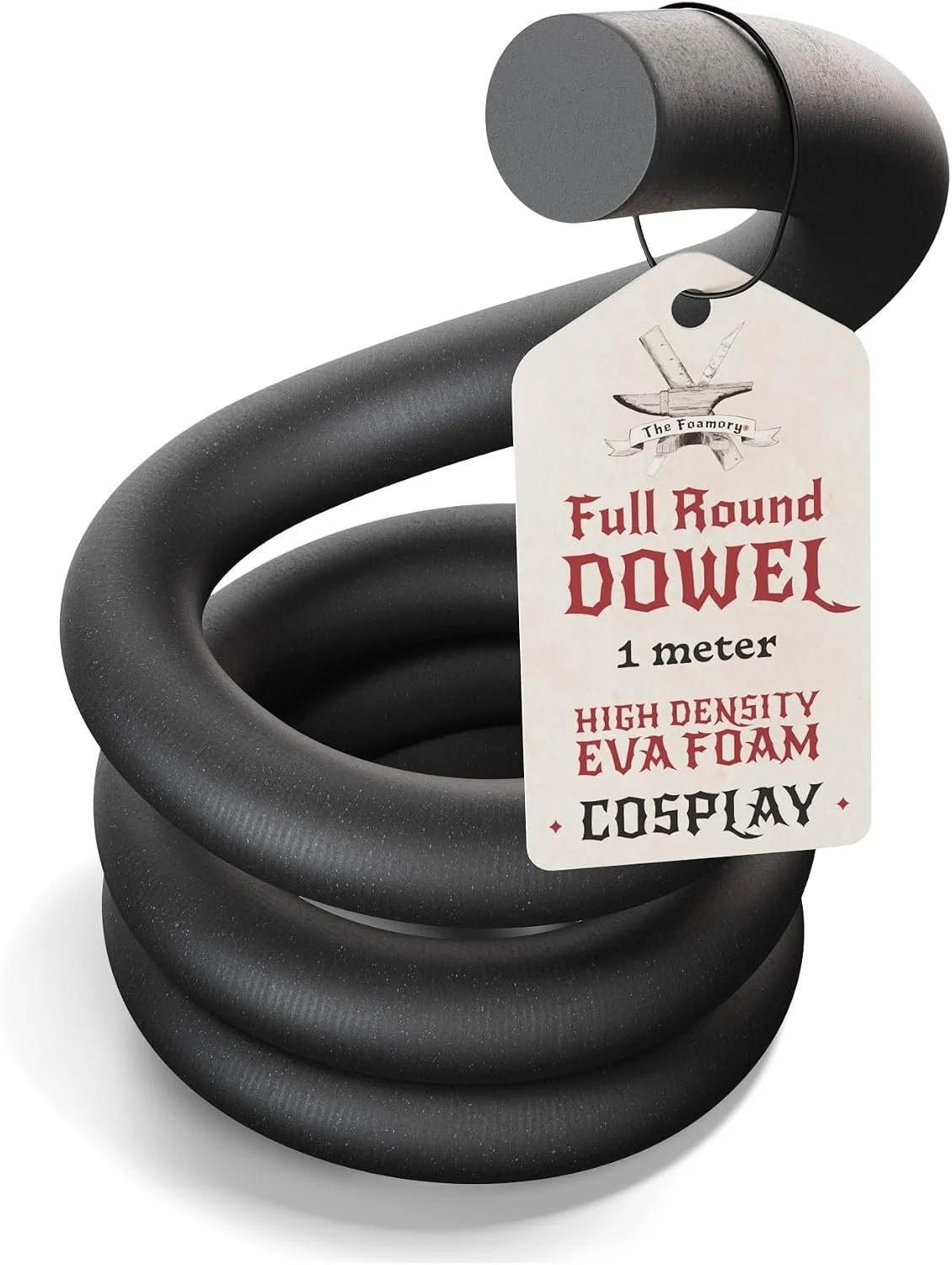 A coiled black foam prop resembling a towel rolled into a circular shape, labeled as a full round towel for cosplay, made of high-density EVA foam, with a tag attached showing a logo with crossed knives and a banner, and text indicating its dimensions and material.