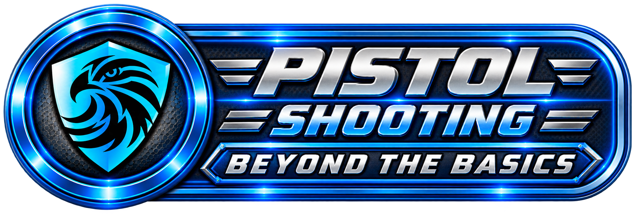 Logo for Pistol Shooting: Beyond the Basics featuring a blue and black shield with an eagle emblem, and metallic gray lettering.