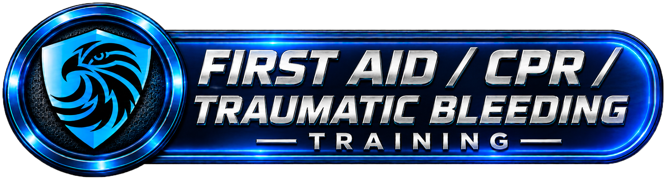 Blue badge with a lion logo and the words "First Aid / CPR / Traumatic Bleeding Training"