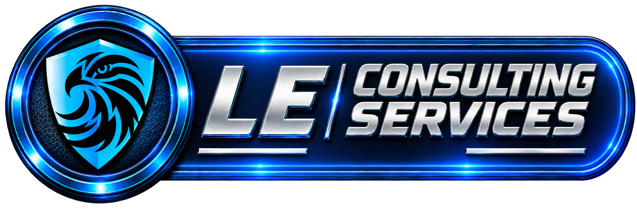 Futuristic logo with a blue lion's head inside a shield, adjacent to the words 'LE CONSULTING SERVICES' in metallic, neon-style font with blue highlights.