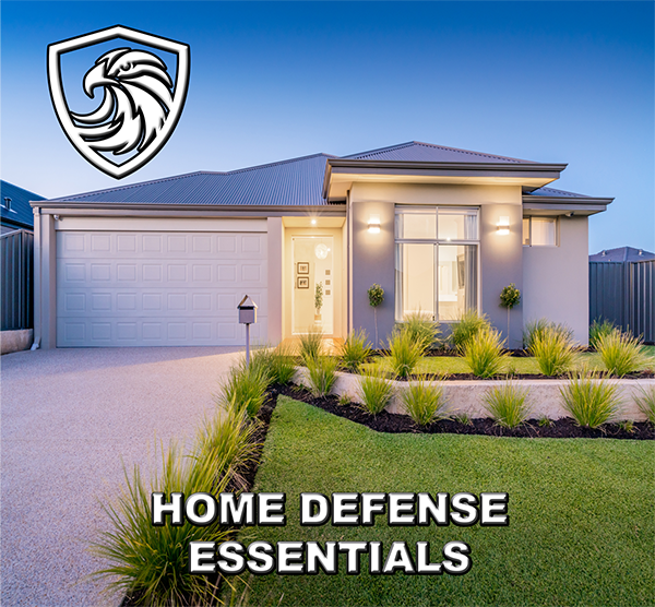 Modern house with a well-maintained lawn and landscaping, featuring a two-car garage and outdoor lighting, with a logo in the top left corner and the text "Home Defense Essentials" at the bottom.
