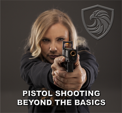 A woman with blonde hair aiming a handgun directly at the camera in a shooting range. There's a logo of a hawk's head on a shield in the background and text that reads 'PISTOL SHOOTING BEYOND THE BASICS'.