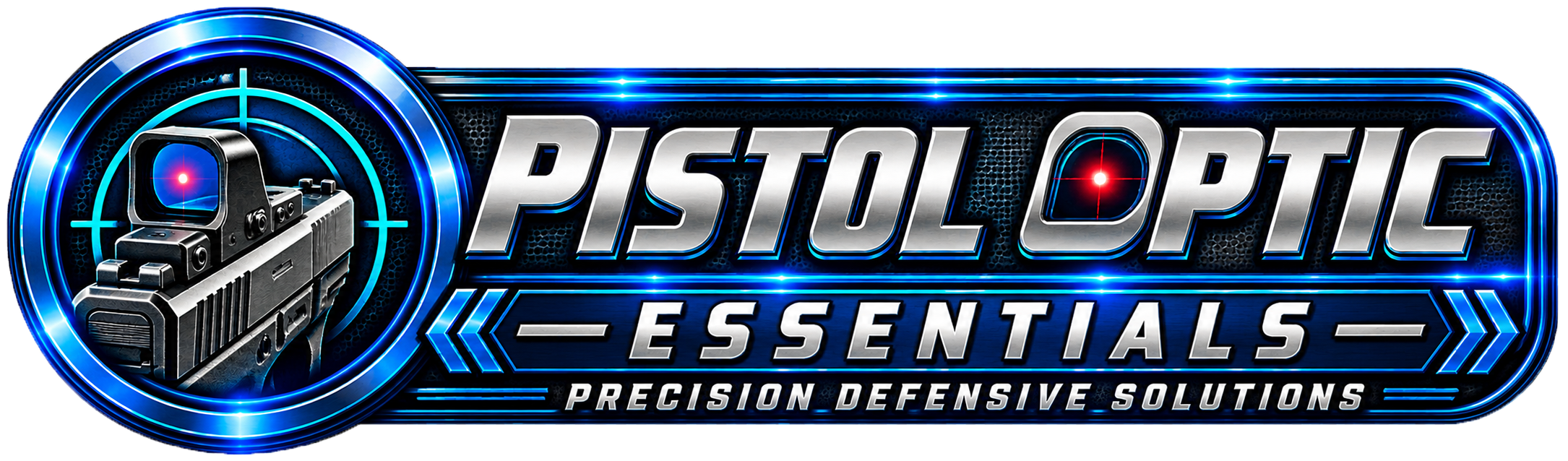 Logo for Pistolic Essentials with a stylized gun with a red crosshair sight, blue circular target, and blue futuristic lighting effects, featuring the tagline "Precision Defensive Solutions."