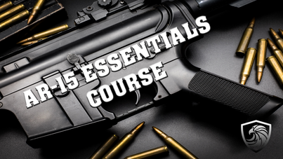 A firearm with the text 'AR-15 ESSENTIALS COURSE' on it, surrounded by scattered bullets.