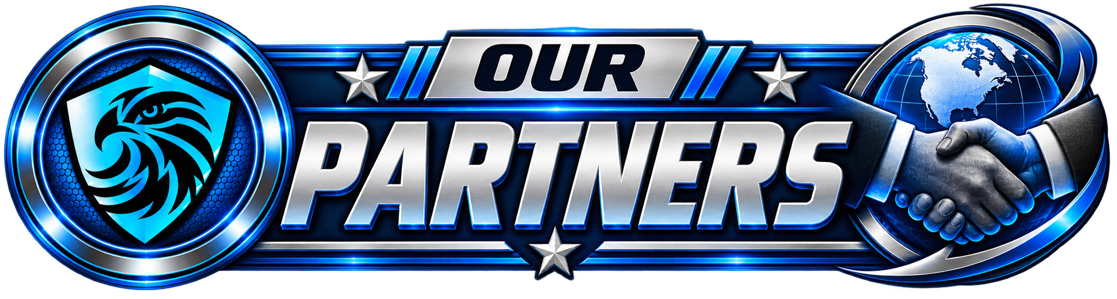 A digital graphic with a blue and silver color scheme featuring a shield with a black stylized eagle head, the text 'OUR PARTNERS' in bold silver letters, and a handshake with a globe in the background.