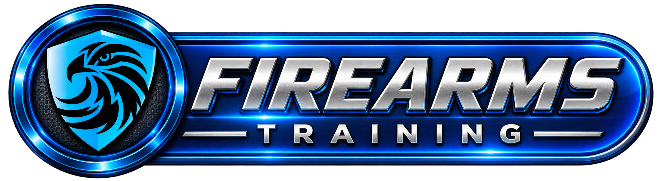 FIREARMS TRAINING logo with a blue shield and a stylized black eagle head, surrounded by a blue circular border.