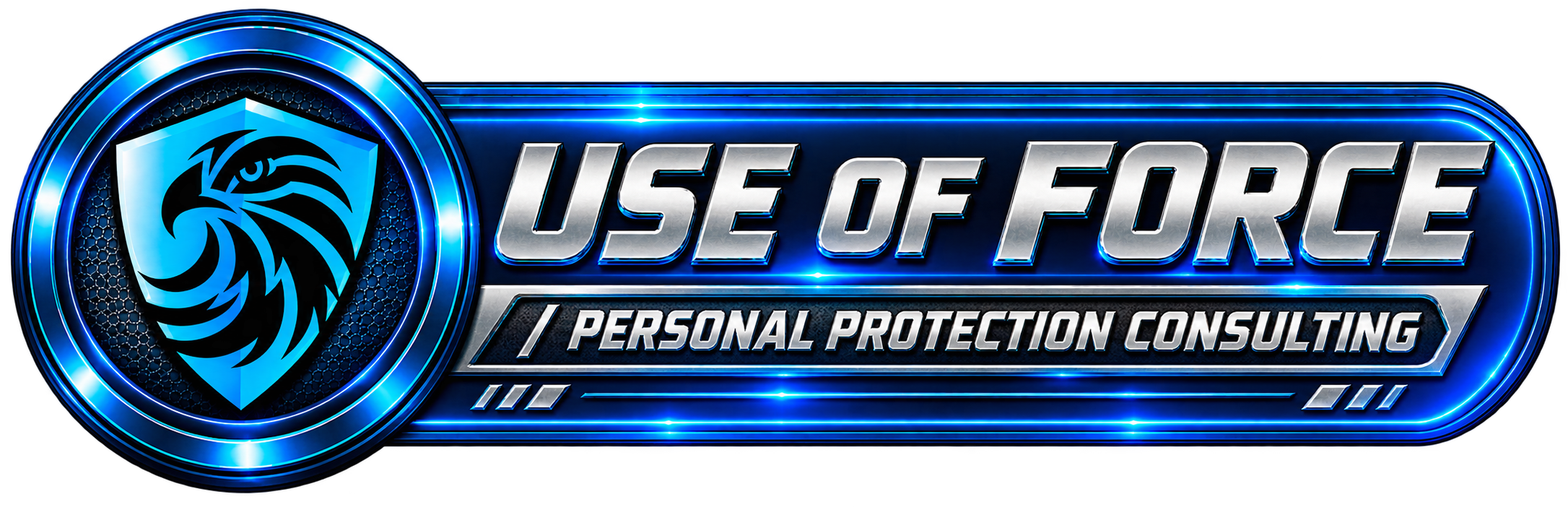 Logo for Use of Force Personal Protection Consulting featuring a blue shield with a black eagle head and stylized blue lines and text.