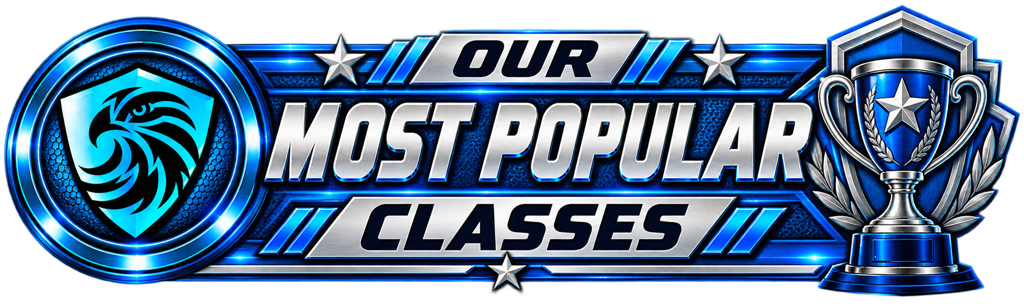 Logo for 'Our Most Popular Classes' featuring a blue shield with a stylized hawk emblem on the left and a trophy with a star on the right, with bold metallic text in the center.