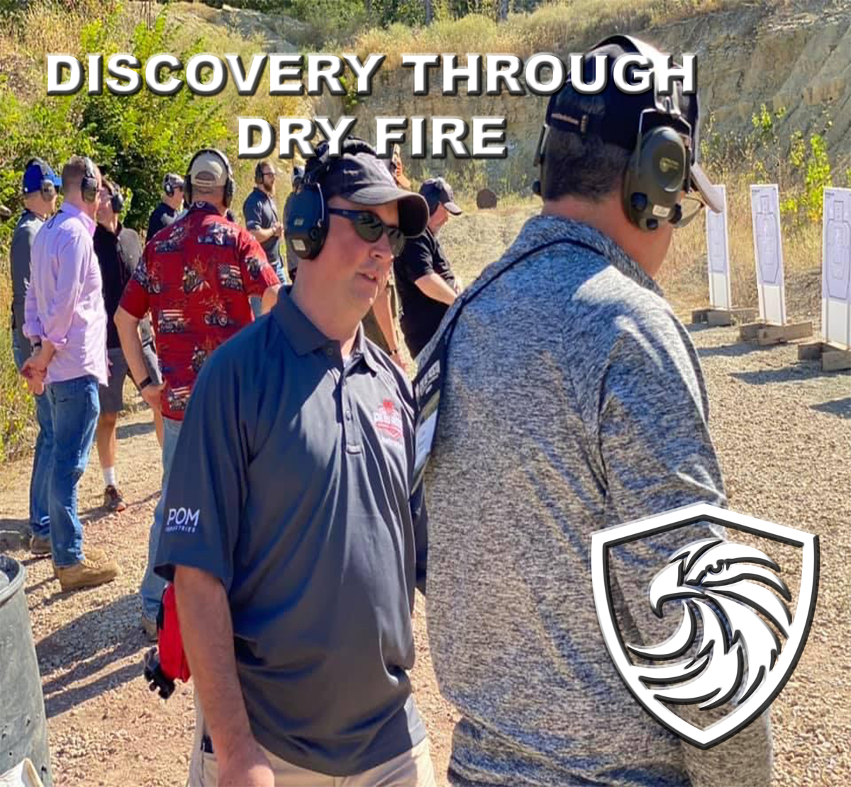 Group of people participating in a shooting range event in an outdoor setting, wearing hearing protection, with targets in the background, and a logo of a lion's head on the image.