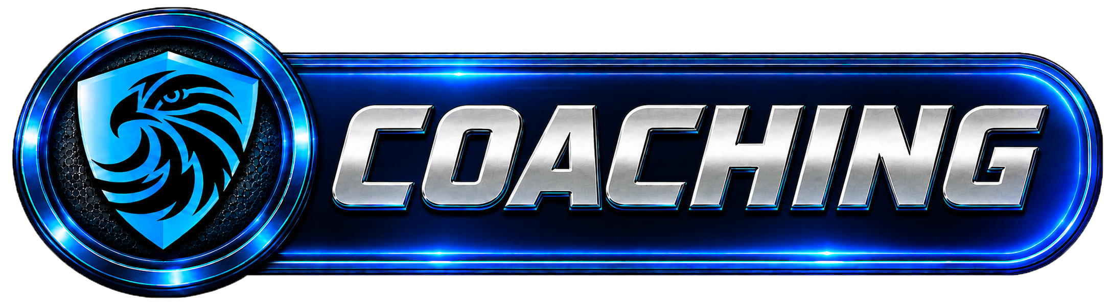 A logo with a blue and black lion's head inside a shield on the left, next to the word 'COACHING' in metallic silver text with a blue glowing outline.