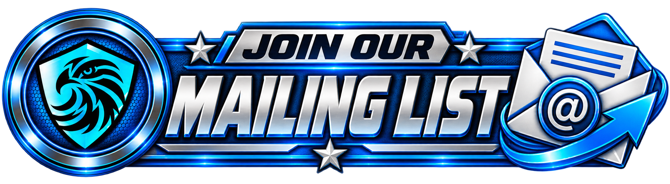 Bold blue and silver graphic with the text 'Join Our Mailing List' and icons of an envelope and email symbol.