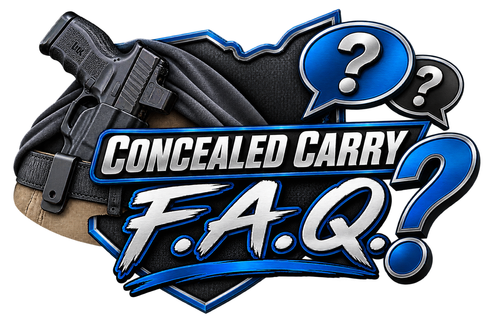 Graphic promoting concealed carry of firearms, showing a handgun in a tactical holster, with question marks and the text 'Concealed Carry F.A.Q.?'.