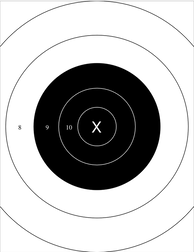 A target shooting paper with concentric black and white circles and a black center, marked with numbers from 5 to 10 for aiming points.