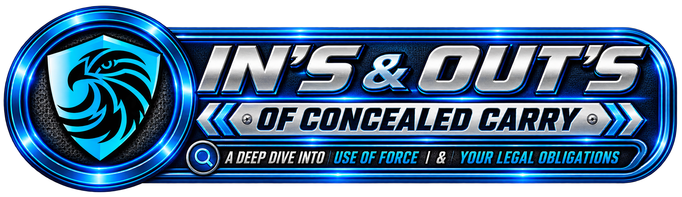 Logo for 'In’s & Out’s of Concealed Carry' featuring a shield with a stylized eagle head and bold metallic text on a blue neon background.