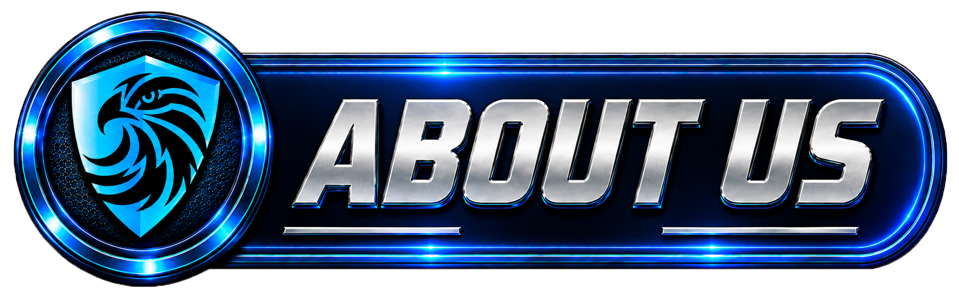 Digital logo with a blue lion emblem and the text 'ABOUT US' in metallic letters.