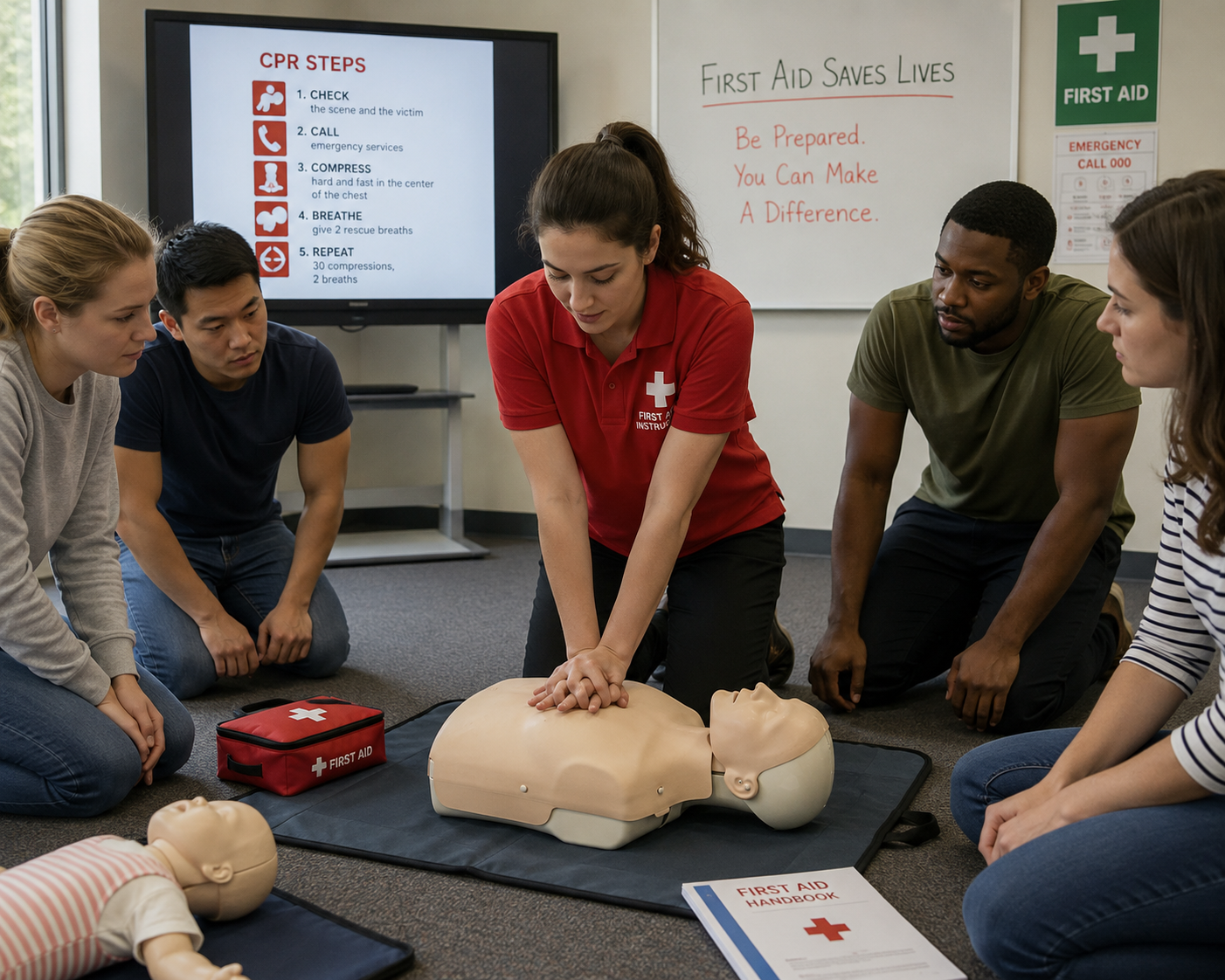 A group of people participating in a CPR training class, practicing chest compressions on a mannequin, with first aid supplies and instructional materials nearby.