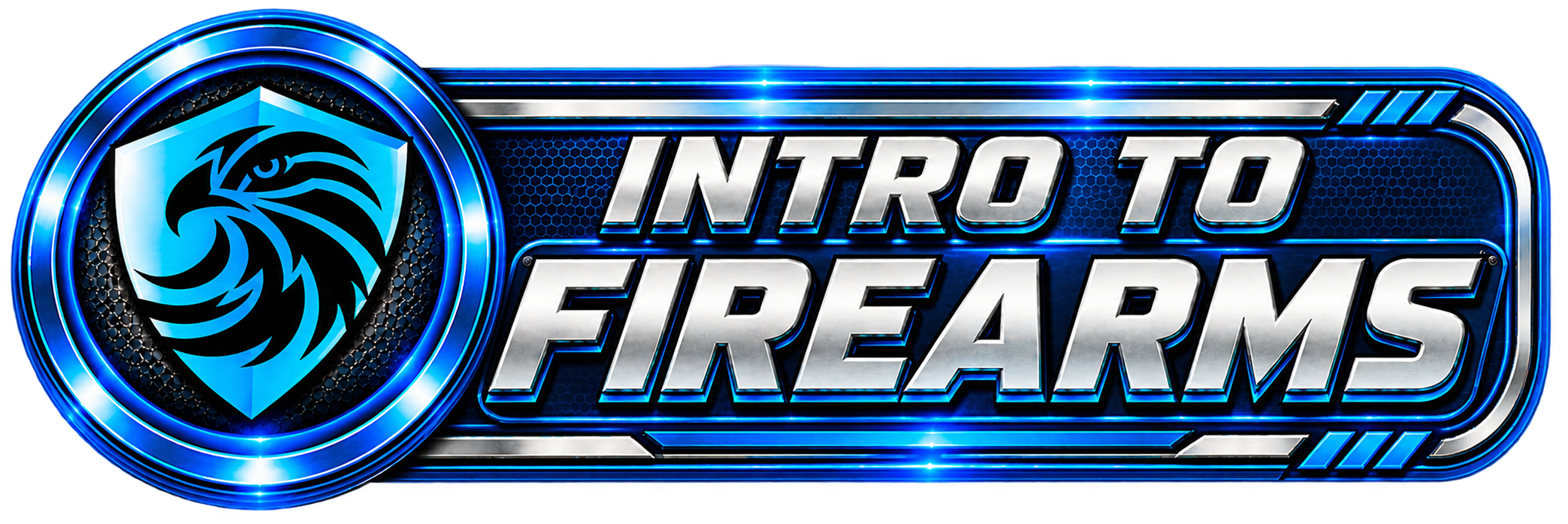 Blue neon sign with a shield featuring a black eagle logo and the text 'INTRO TO FIREARMS' in metallic font.