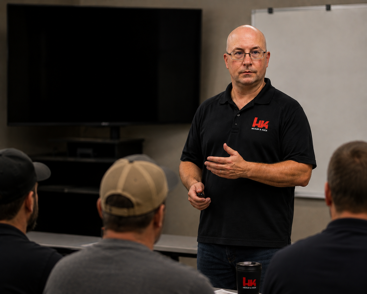 Man giving a presentation to a group of people in a conference room, wearing a black polo shirt with a red logo, and holding a remote control.