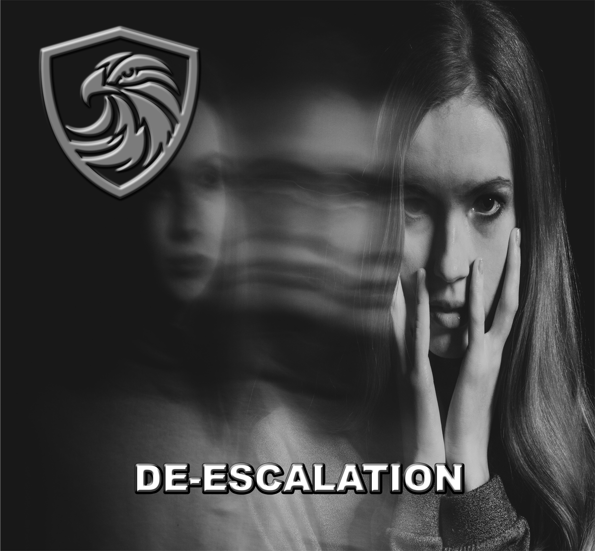 A black-and-white portrait of a young woman with long hair, holding her face with her hand, looking directly at the camera. There is a semi-transparent, ghostly second image of herself in the background with a blurred, motion effect. A logo of a stylized eagle's head within a shield is in the top left corner, and the text "DE-ESCALATION" is at the bottom.