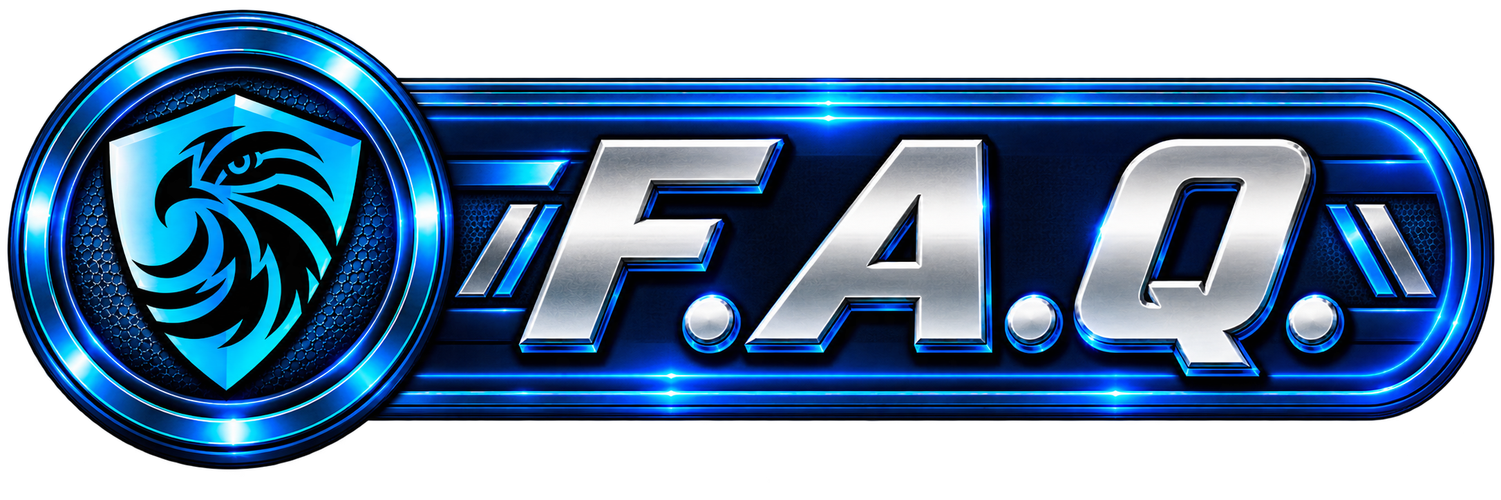 F.A.Q. logo with a blue and black shield emblem featuring a stylized animal head, and metallic text reading 'F.A.Q.' with blue glowing lines in the background.