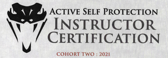 Active Self Protection Instructor Certification logo with a stylized black lion head, title text, and cohort information.