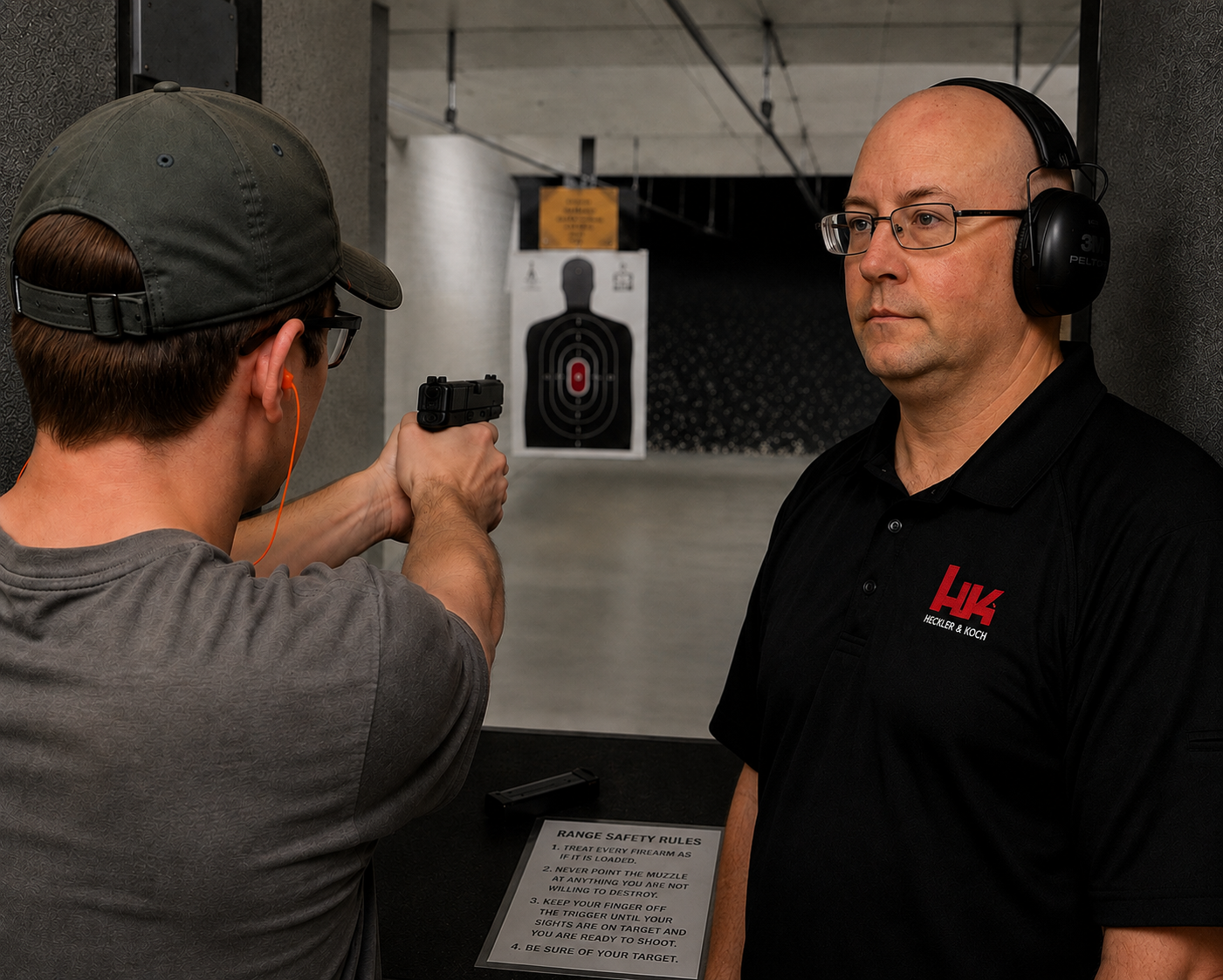 A man at an indoor shooting range points a handgun at a target, with a range safety rules sign visible nearby, while another man wearing headphones observes.