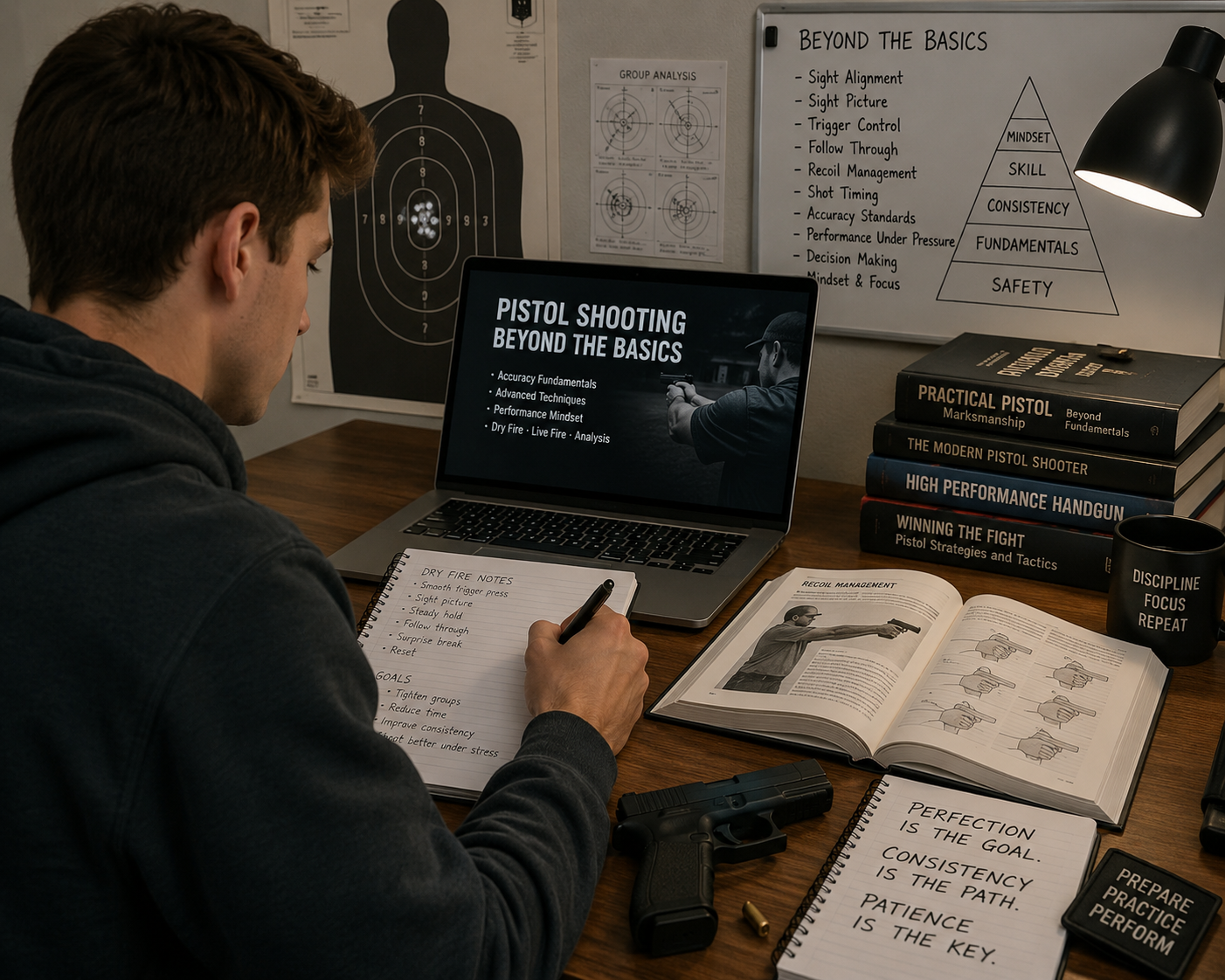 A man studying at a desk with firearms training materials, books, a gun, and notes on pistol shooting techniques.