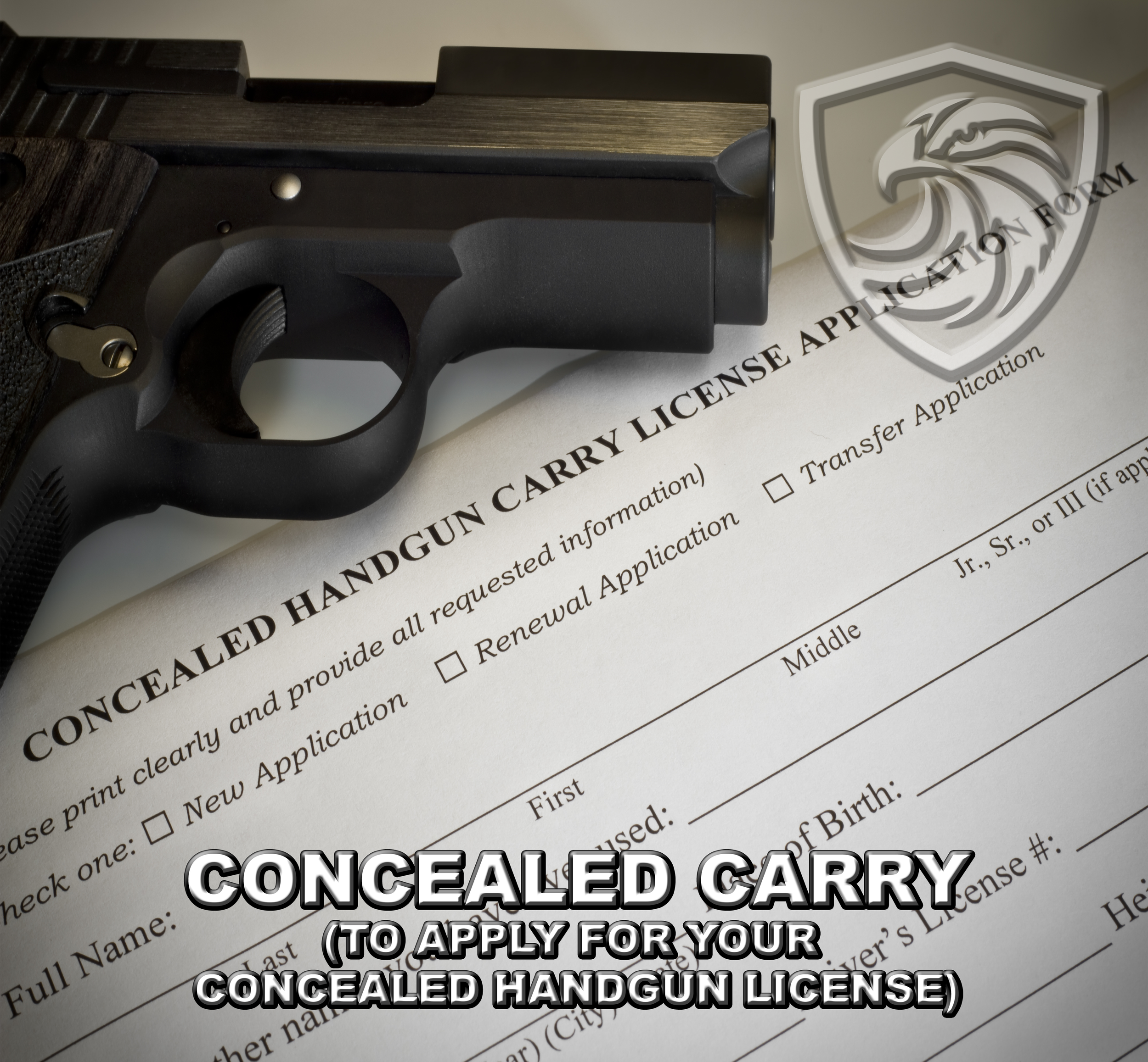 Close-up photo of a semi-automatic handgun placed on a form with a visible large graphic of a stylized 'S' in a shield crest and the words 'Application' and 'Concealed Carry'.