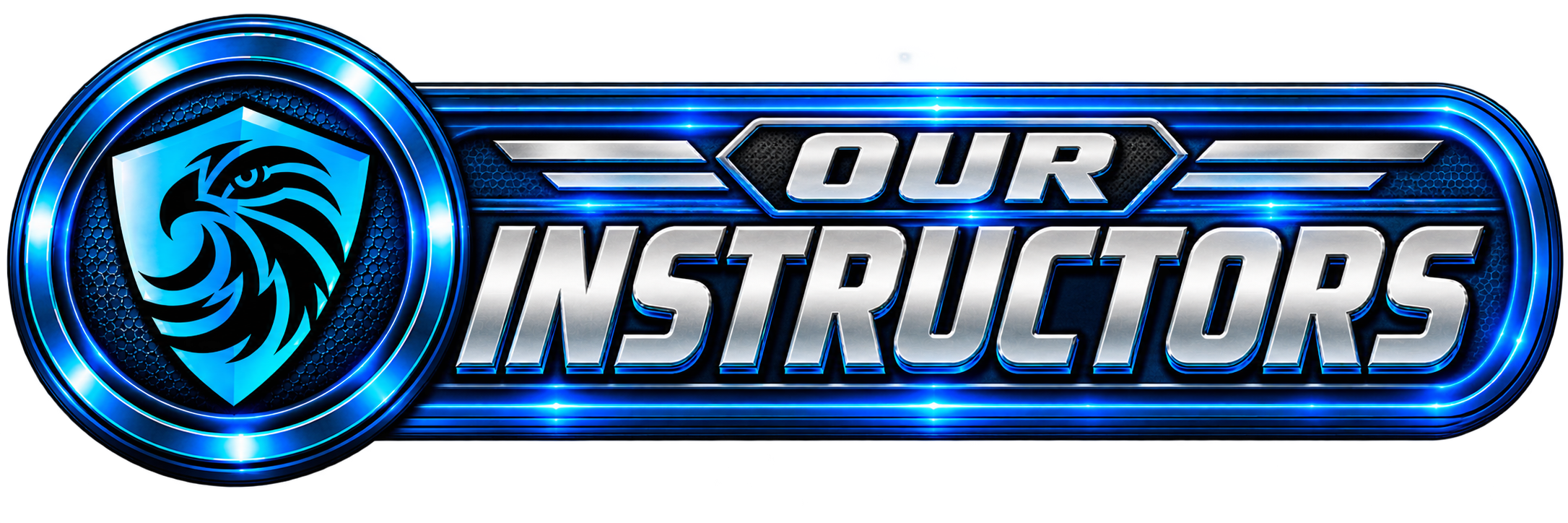 Digital logo with a stylized lion emblem in a shield on the left, and the words 'OUR INSTRUCTORS' in bold metallic font on the right, set against a glowing blue background.