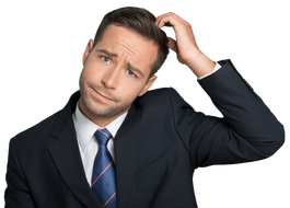 A man in a suit with a confused or questioning expression, scratching his head.