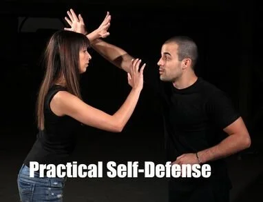 A woman and a man face each other in a defensive stance with hands raised, demonstrating a self-defense technique against a black background with the text 'Practical Self-Defense'.