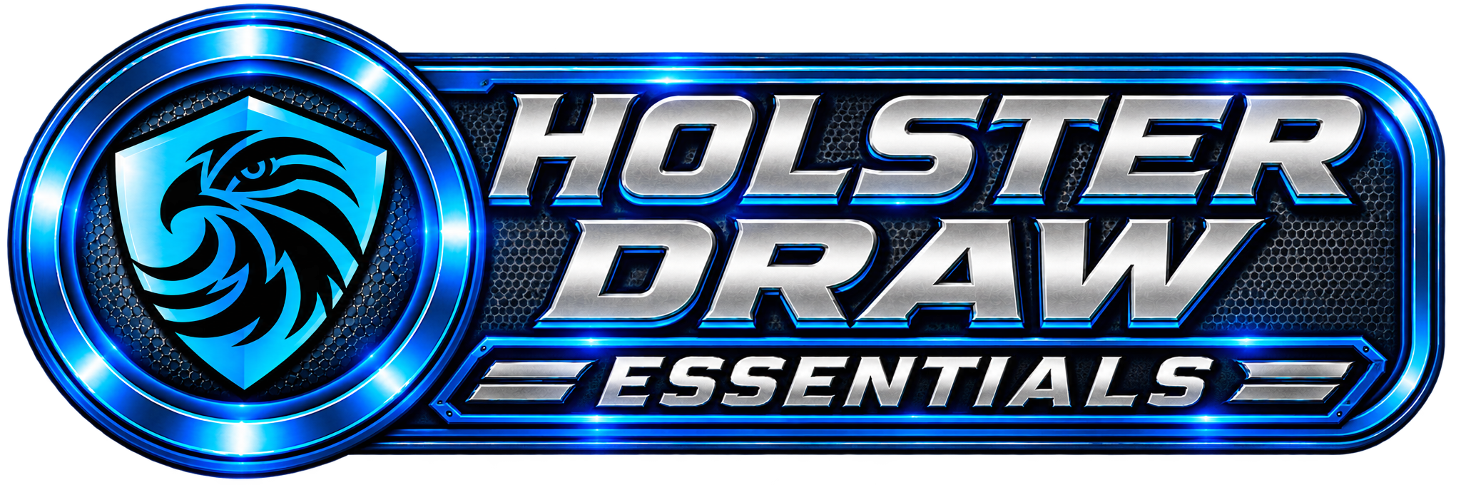 Logo for Holster Draw Essentials featuring a stylized eagle head inside a shield and text in metallic letters.