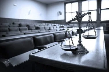 Empty courtroom with a wooden table, civil scales, and tiered seating in the background.