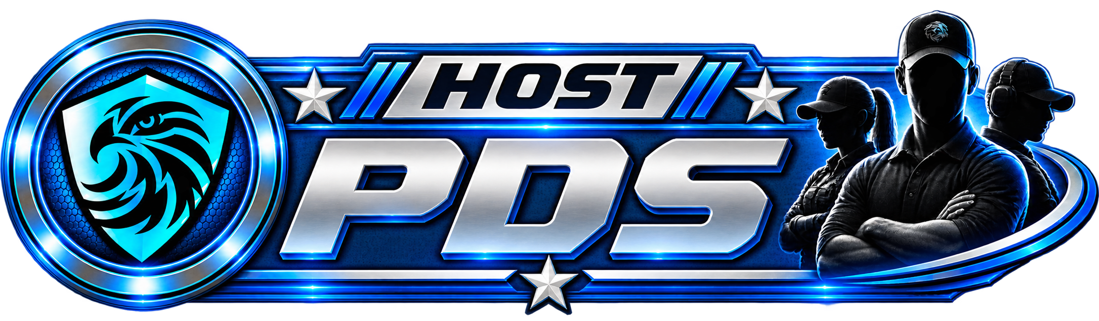 Logo for Ghost PUS, featuring a blue and black color scheme, with a lion emblem on the left and silhouettes of four people wearing caps and headphones on the right.