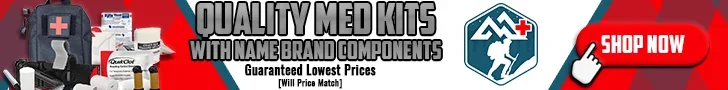 Banner advertising medical kits with the text 'Quality Med Kits with name brand components' and a 'Shop Now' button.