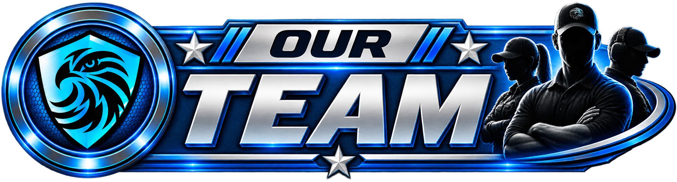 A digital graphic with the text 'Our Team' in bold, metallic letters, featuring a blue and black eagle emblem on the left, and three silhouetted people wearing caps and headphones on the right, all set against a dark and blue glowing background.