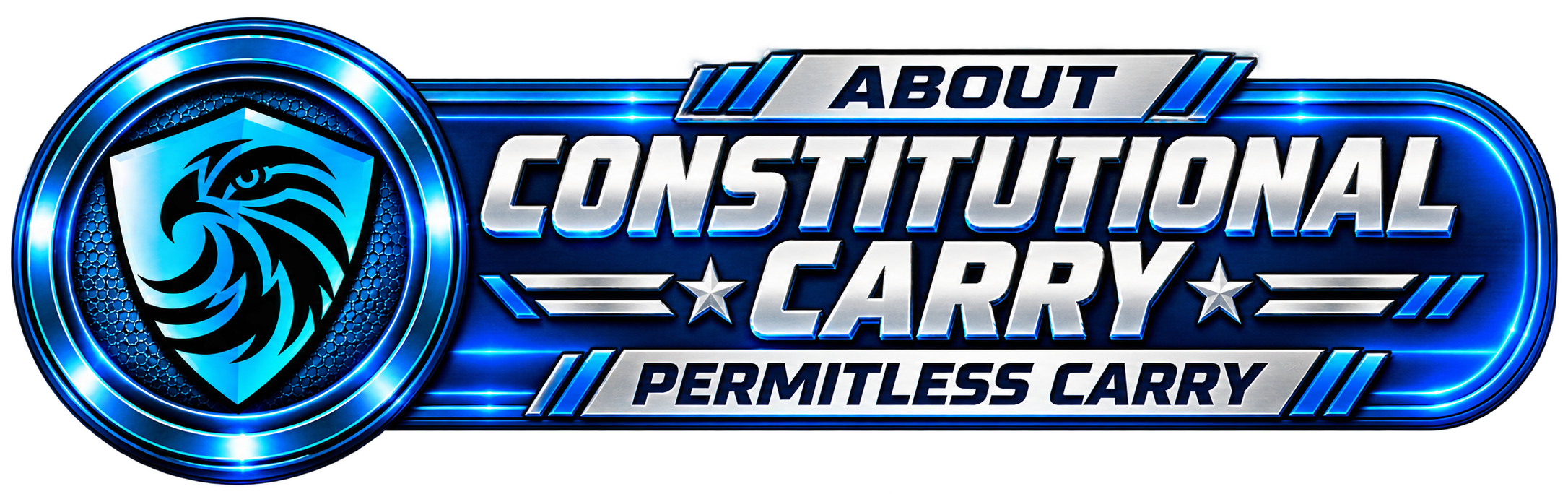 A digital graphic for 'About Constitutional Carry Permissless Carry' featuring a blue and black striped design with a shield emblem containing a stylized eagle head.