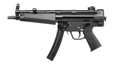 A black semi-automatic pistol with a short barrel and a textured grip.