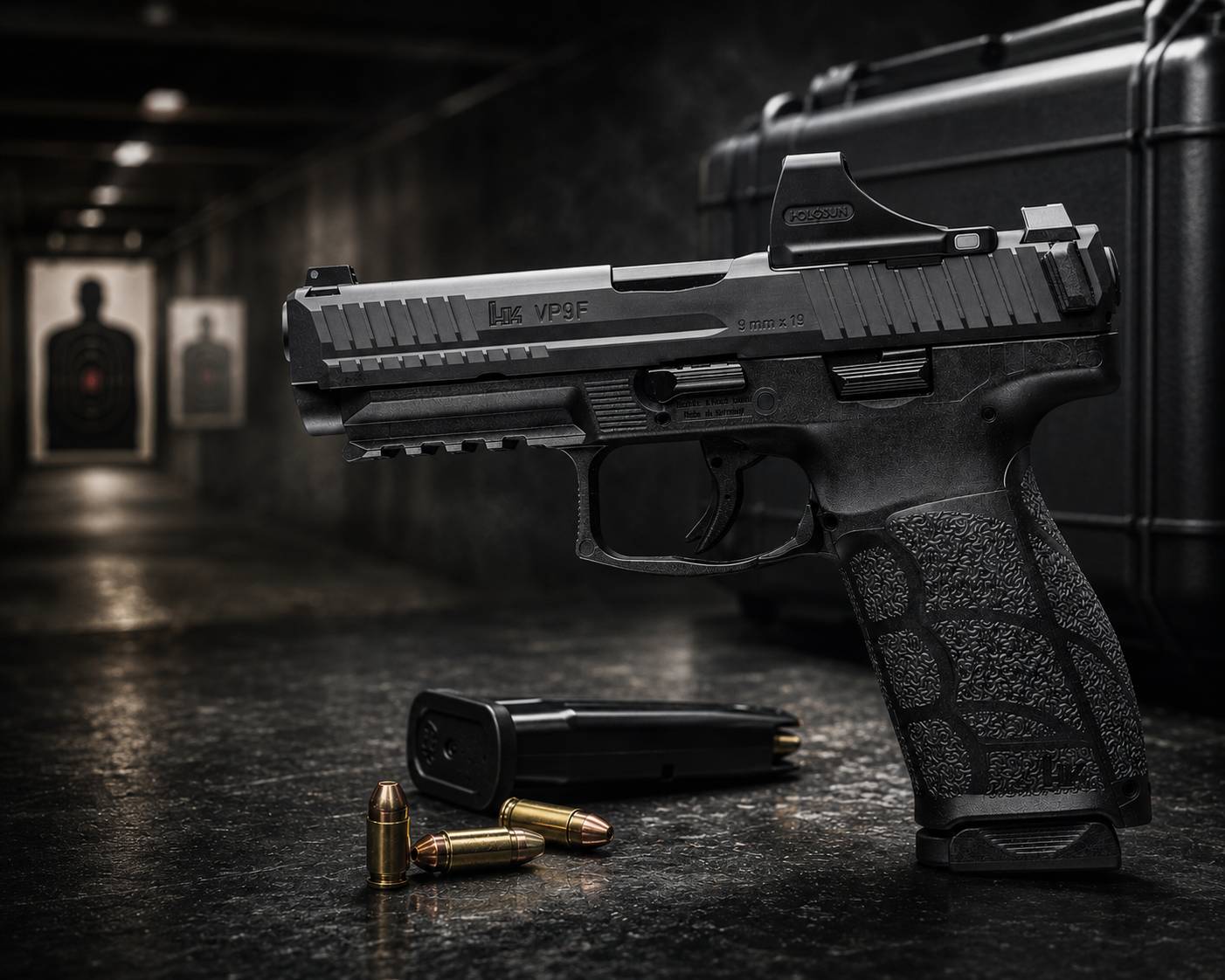 A black semi-automatic handgun with bullets and a magazine on a dark countertop in front of a gun case, with target silhouettes in the background.