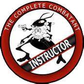 A circular logo with a cartoon skeleton wearing a black eye mask, holding a sword and a skull, with the words 'The Complete Combatan’ and ‘Instructor' around the circle.