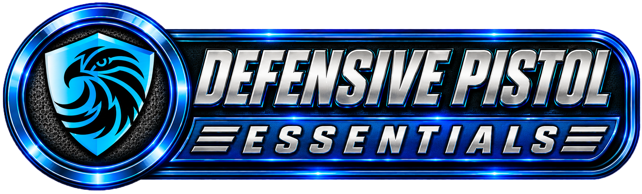 Logo for Defensive Pistol Essentials, featuring a blue and black badge with a stylized eagle head and bold, metallic text.