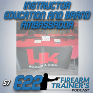 Promotional display for firearm training, featuring a table with brochure and firearm magazines, with bold blue text saying 'Instructor Education and Brand Ambassador', and a logo for Heckler & Koch and firearm trainer E22.