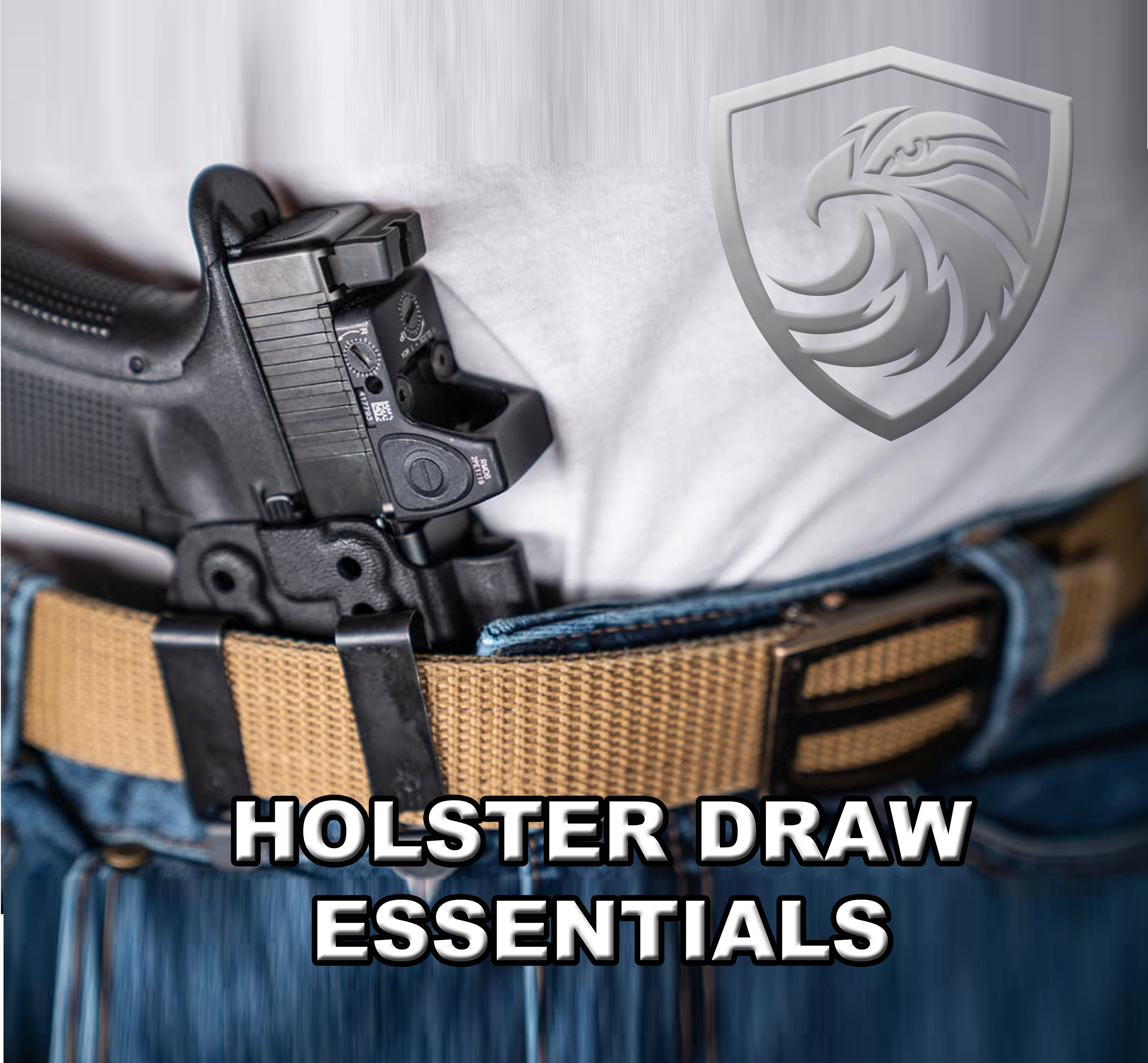 Close-up of a handgun and a tan fabric gun holster with a black strap, with a gray background showing a stylized eagle logo.