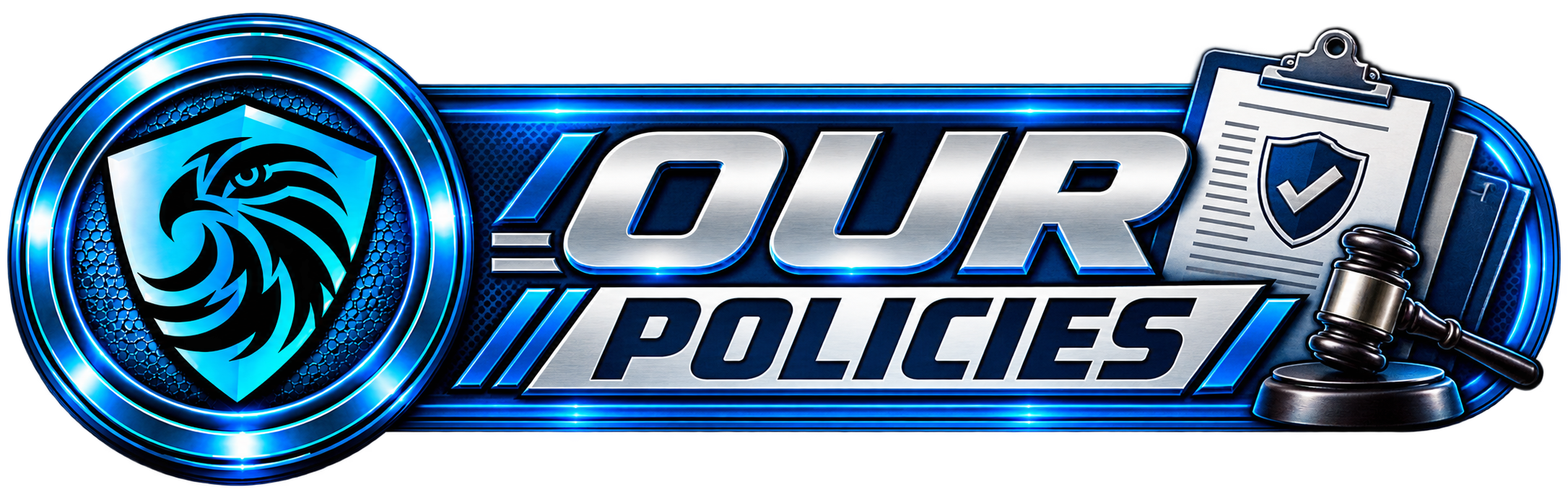 Logo for Your Policies. Features a blue lion emblem, bold metallic text, and a gavel with documents.