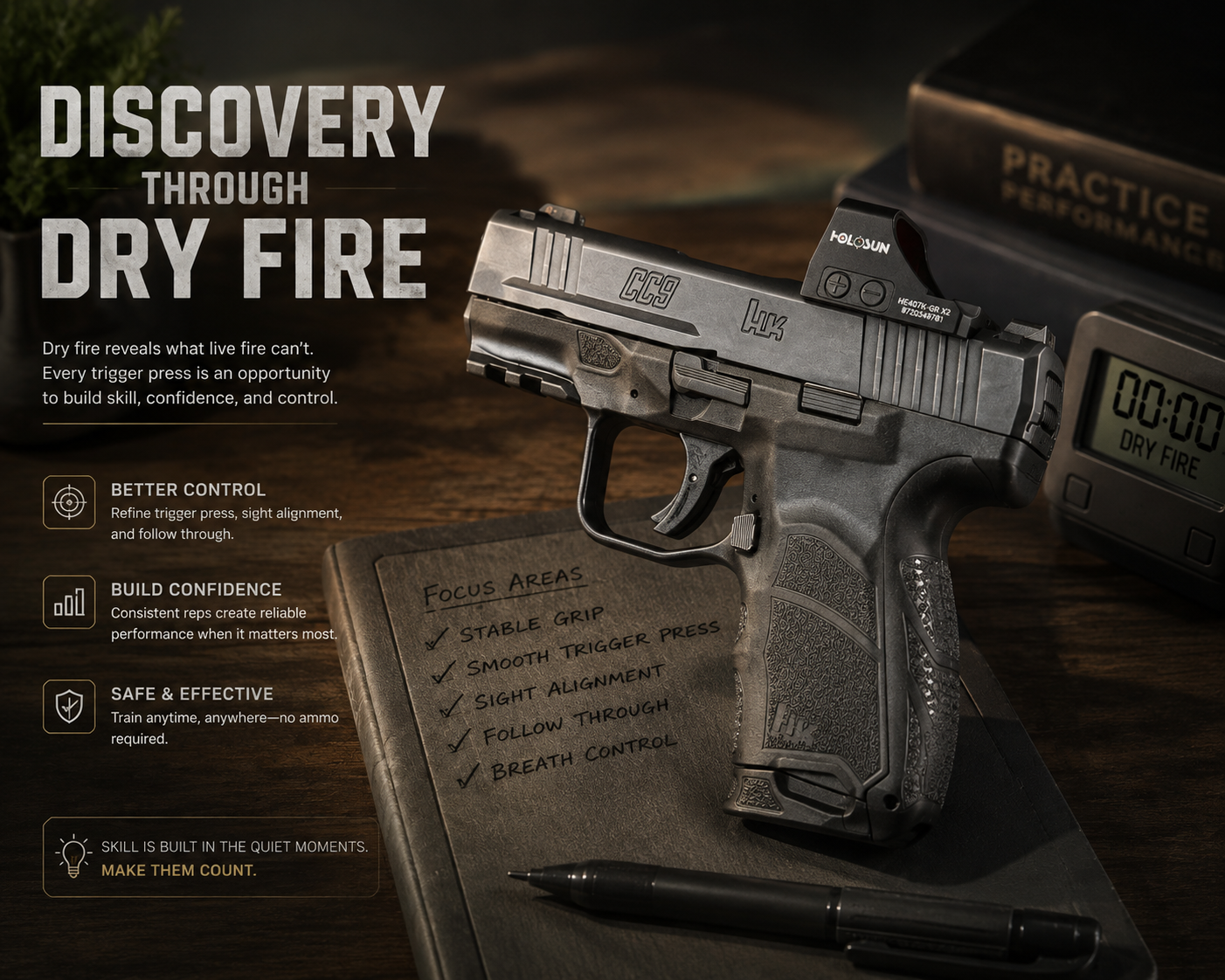 A handgun with an attached red dot sight on a wooden table, alongside a digital timer, a notebook with checkmarks, and a pen, with text promoting dry fire training for skill-building.