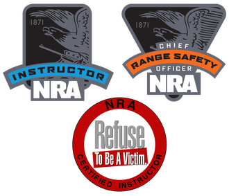 NRA badge with instructor, chief, and officer titles, and a badge that says Refuse To Be A Victim.