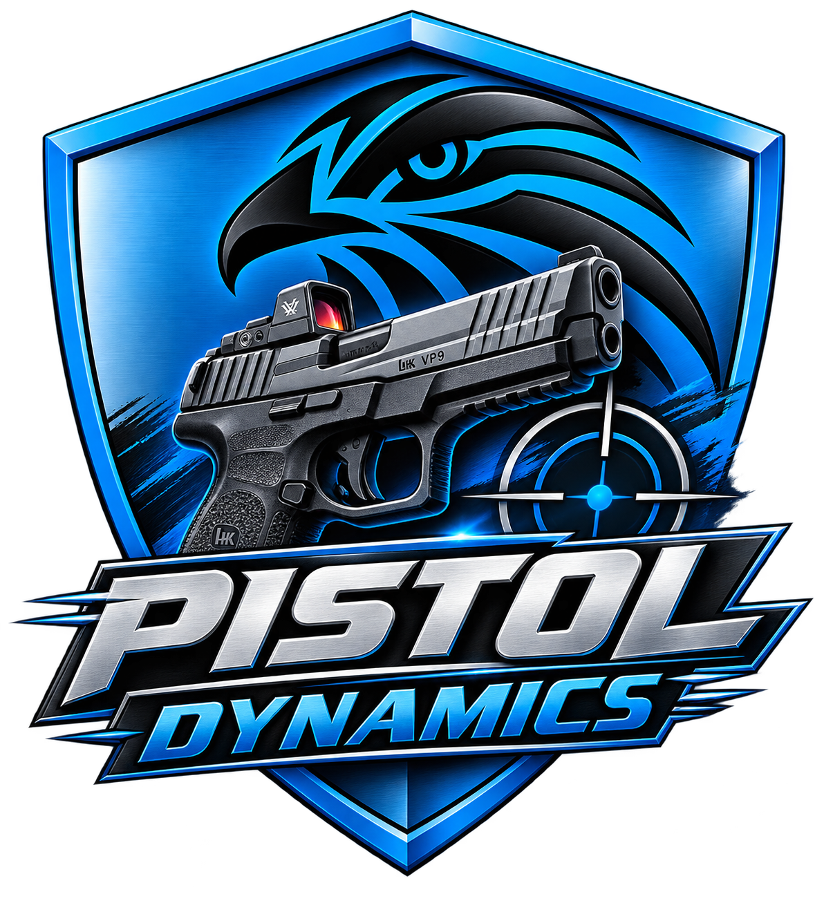 A logo for Pistol Dynamics featuring a black handgun with a red dot sight, a target crosshair, a shield background with a stylized blue and black eagle head, and the words 'Pistol Dynamics' in metallic silver and blue lettering.