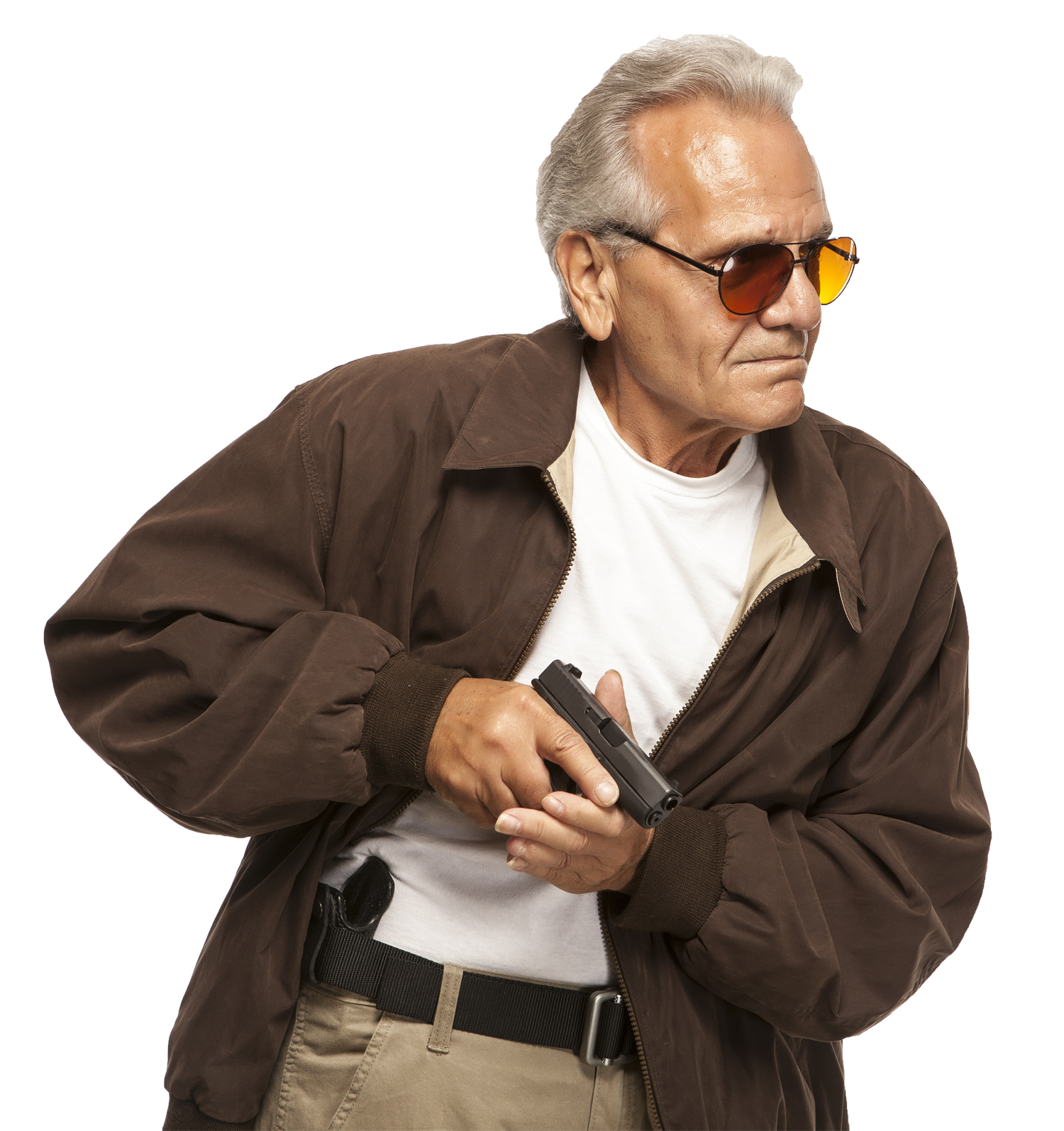 Older man wearing sunglasses and a brown jacket holding a handgun, with a serious expression.